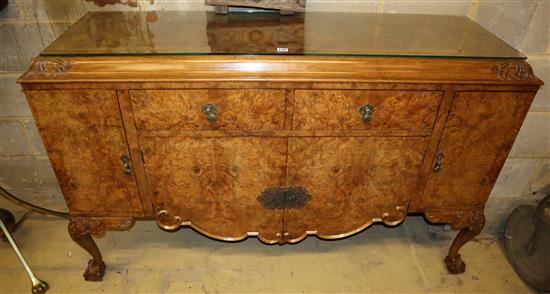 A Queen Anne style burr walnut sideboard, width 154cm, depth 52cm, height 96cm